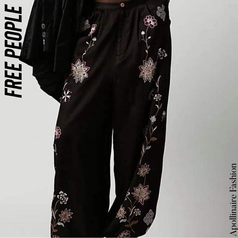 FREE PEOPLE HARMONY FLORAL EMBROIDERED HAREM PANTS NWOT XS BLACK